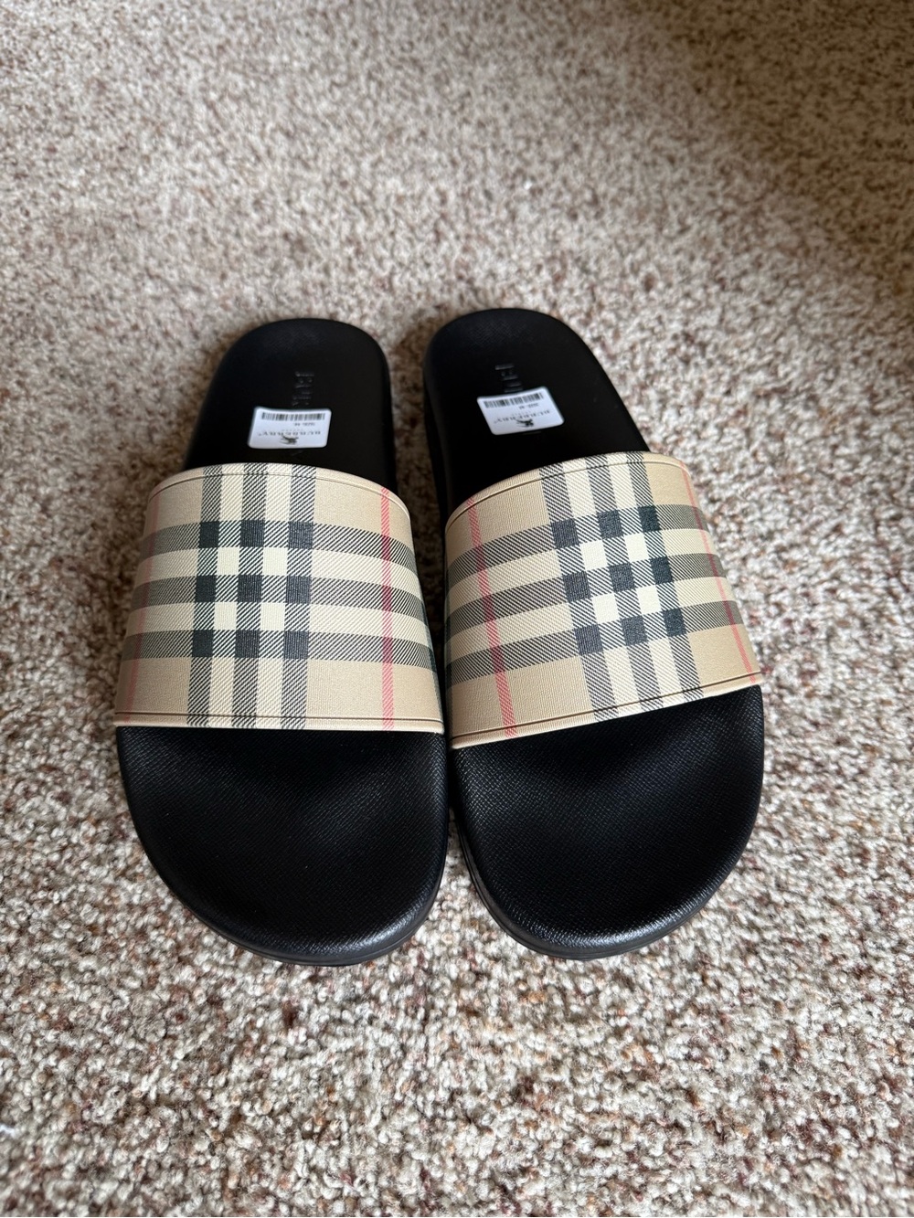 Burberry Beige Plaid Slide Sandals with Black Footbed